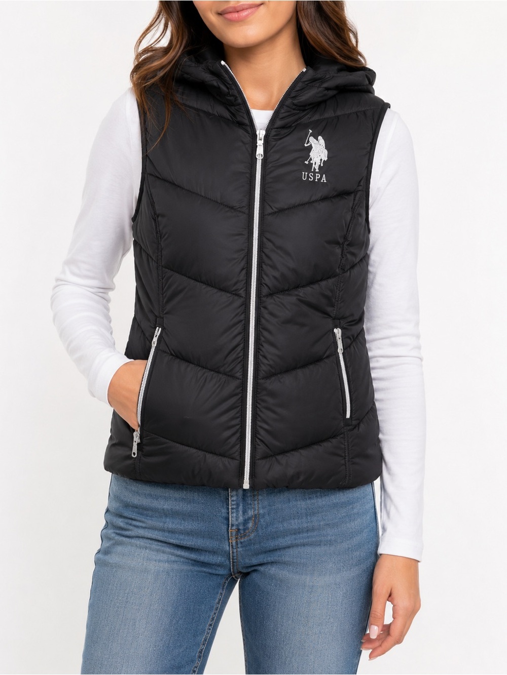 U.S. Polo Assn Black Hooded Puffer Vest Small Quilted Zip Front Lightweight